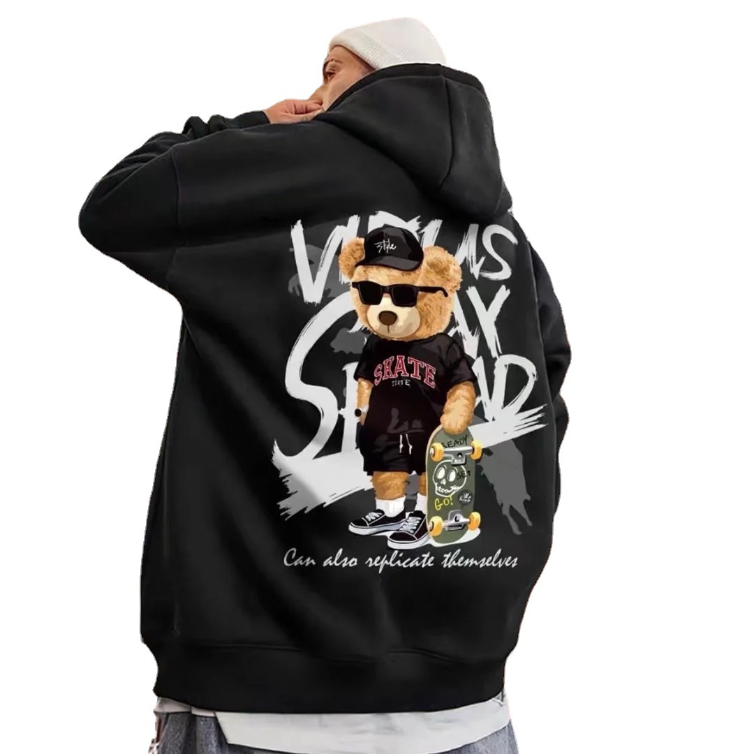 National Tide Autumn And Winter Plus Velvet Thickened Hooded Sweater Men's Large Size Loose Student Couple Hong Kong Style Trend Coat Winter Clothing - Image 4