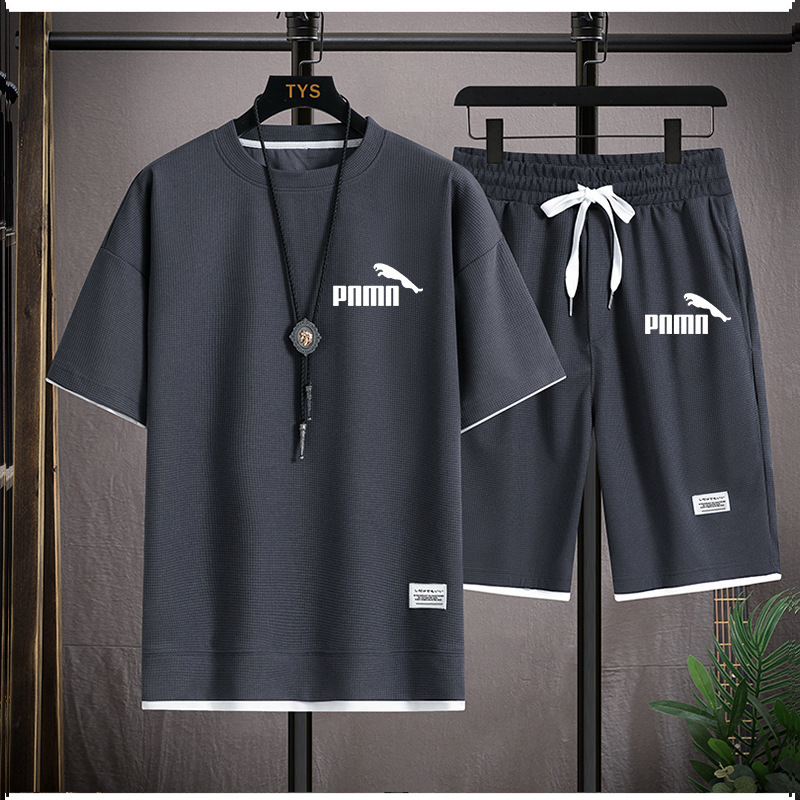 Waffle Short Sleeve T-shirt Men's Casual Sports Suit Wholesale Summer Loose Fake Two-piece Half Sleeve T-shirt Two-piece Set - Image 4