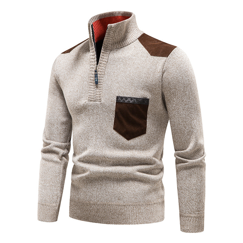 Autumn And Winter Men's Half Turtleneck Sweater Men's Youth Korean Version Plus Velvet Thick Sweater Pullover Zipper Sweater Men - Image 3