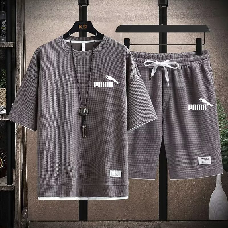 Waffle Short Sleeve T-shirt Men's Casual Sports Suit Wholesale Summer Loose Fake Two-piece Half Sleeve T-shirt Two-piece Set - Image 2