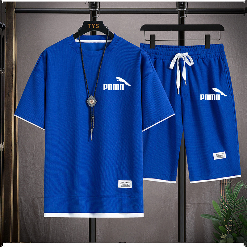 Waffle Short Sleeve T-shirt Men's Casual Sports Suit Wholesale Summer Loose Fake Two-piece Half Sleeve T-shirt Two-piece Set - Image 5