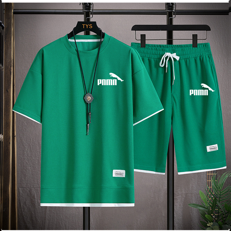 Waffle Short Sleeve T-shirt Men's Casual Sports Suit Wholesale Summer Loose Fake Two-piece Half Sleeve T-shirt Two-piece Set